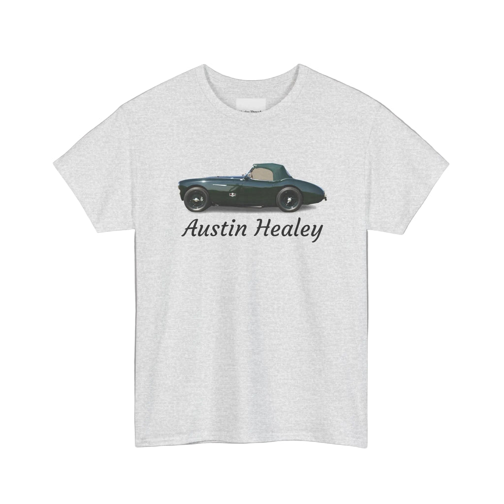 White t-shirt with Austin Healey car design on a white background