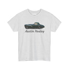 White t-shirt with Austin Healey car design on a white background