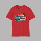 Red t-shirt with a graphic design of a van and text on a gray background