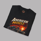 Folded black t-shirt with an 'American Muscle' car graphic design on a gray background