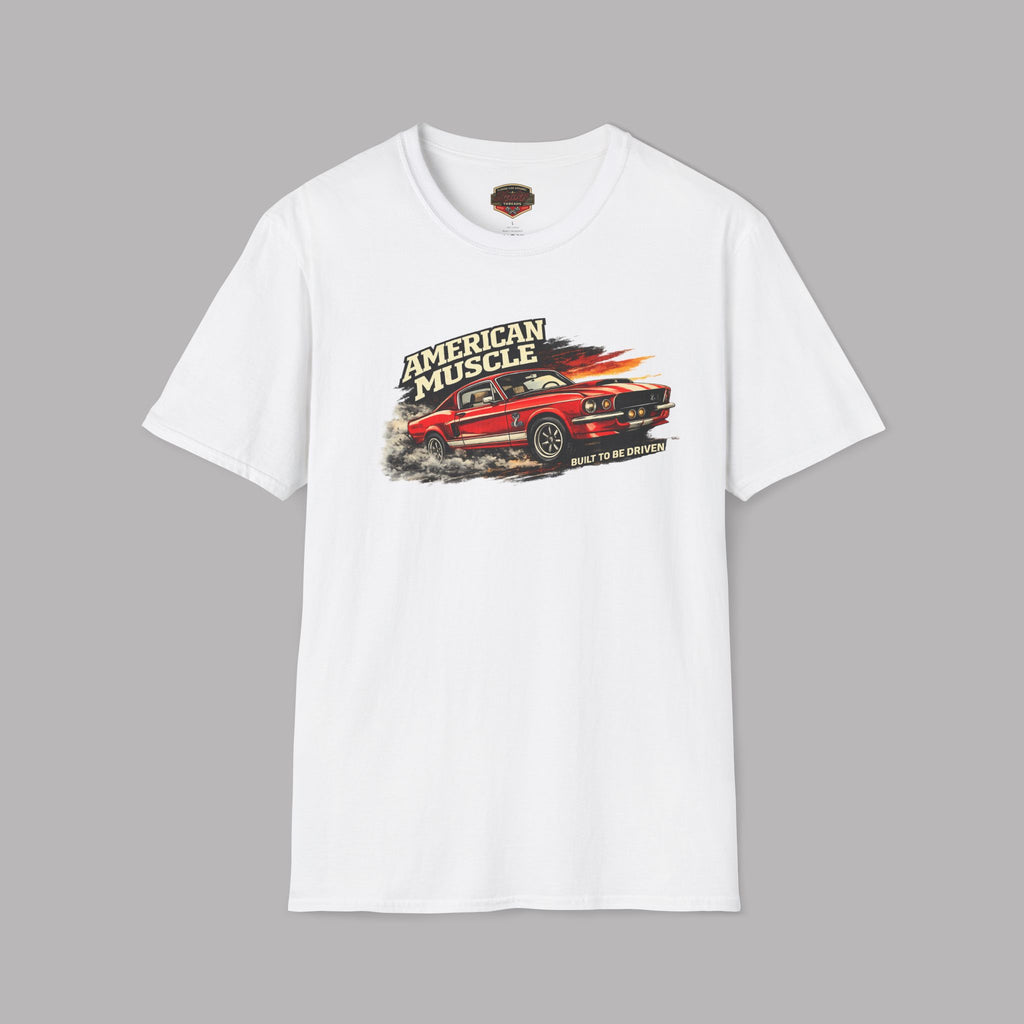 White t-shirt with 'American Muscle' car graphic on a gray background