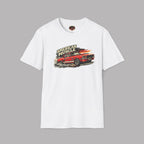 White t-shirt with 'American Muscle' car graphic on a gray background