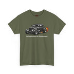 Military green t-shirt with a hot rod graphic and text on a white background