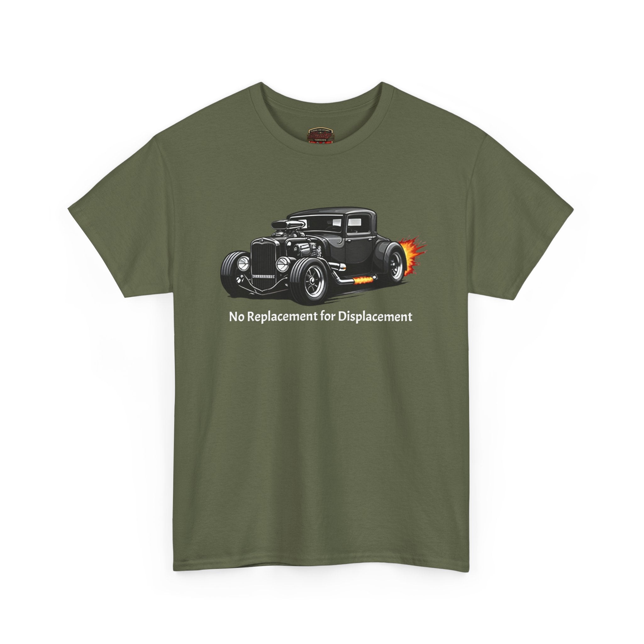 Military green t-shirt with a hot rod graphic and text on a white background