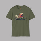 Military green t-shirt with 'American Muscle' graphic design on a gray background