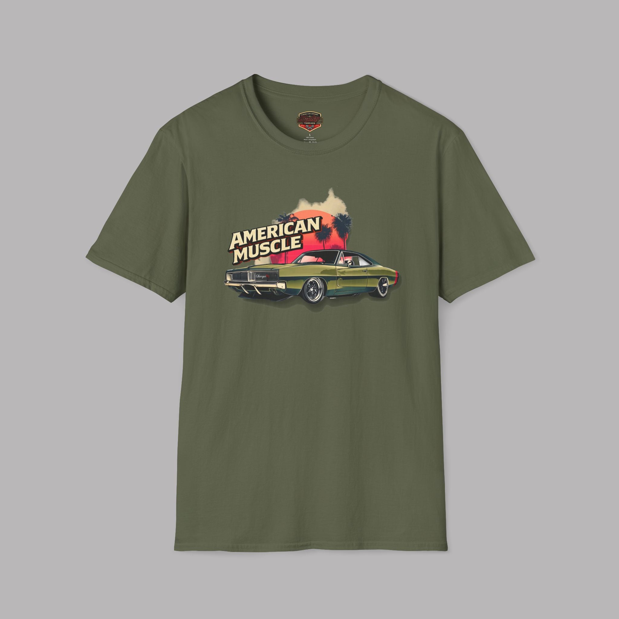 Military green t-shirt with 'American Muscle' graphic design on a gray background