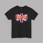 Black t-shirt with a British flag design on a gray background
