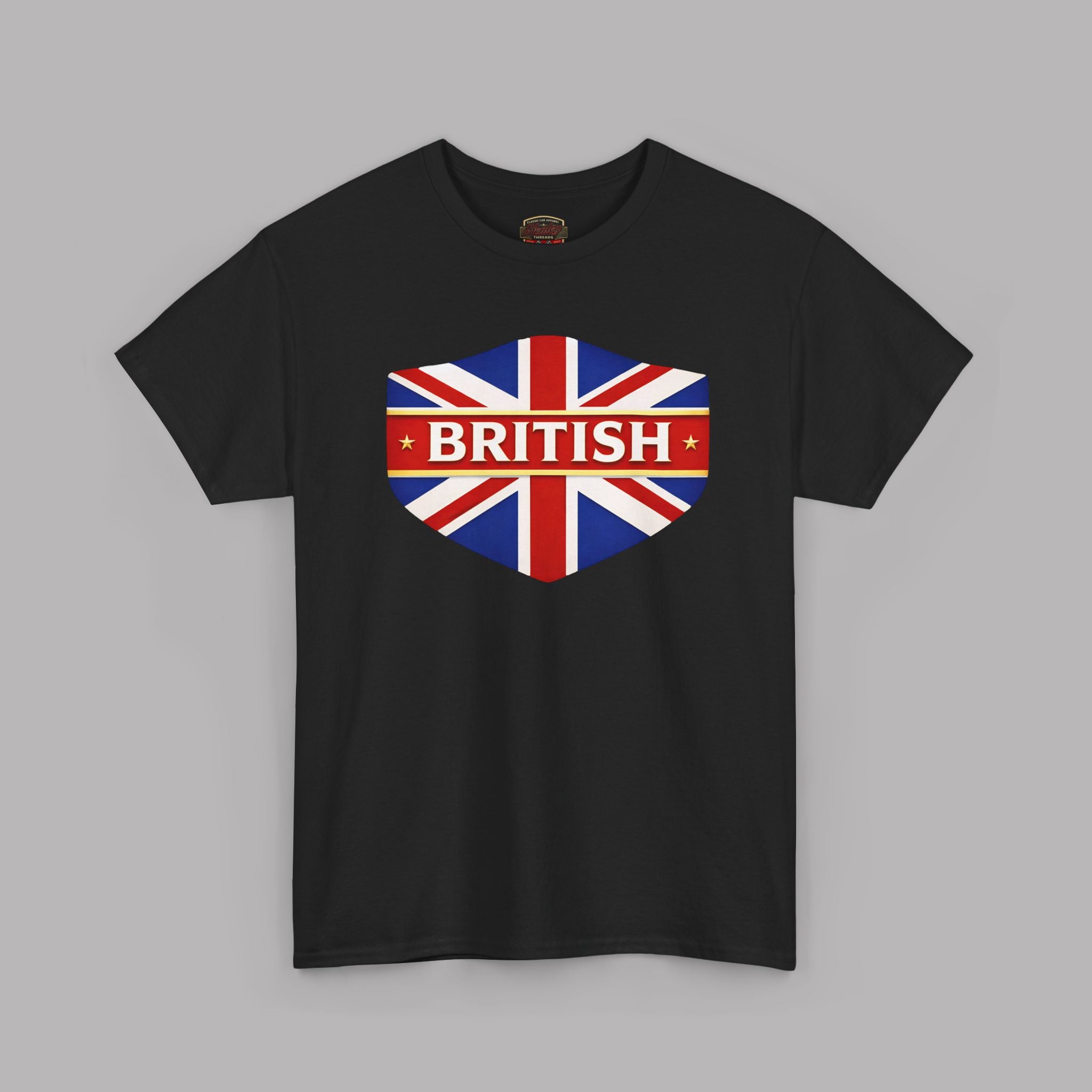 Black t-shirt with a British flag design on a gray background