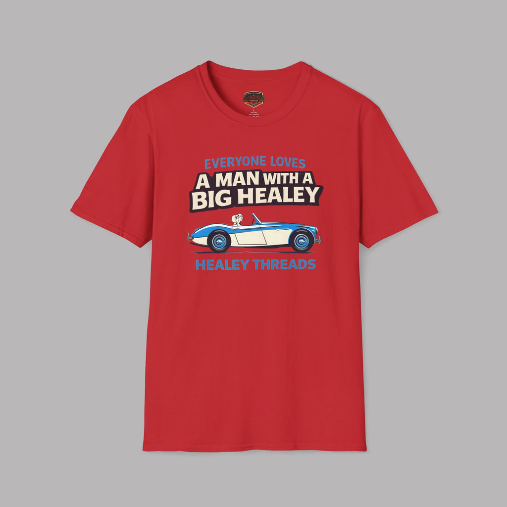 Red t-shirt with Healey car graphic design and text on a gray background
