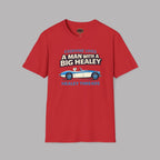 Red t-shirt with Healey car graphic design and text on a gray background