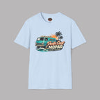 Light blue t-shirt with a graphic design of a van and text on a gray background