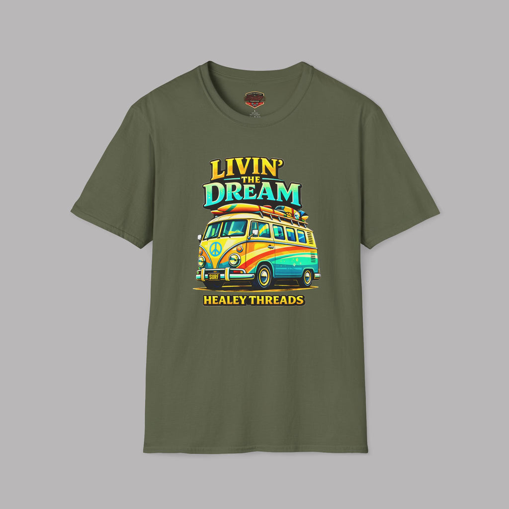 Military green t-shirt with a colorful van graphic and text on a gray background