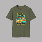 Military green t-shirt with a colorful van graphic and text on a gray background