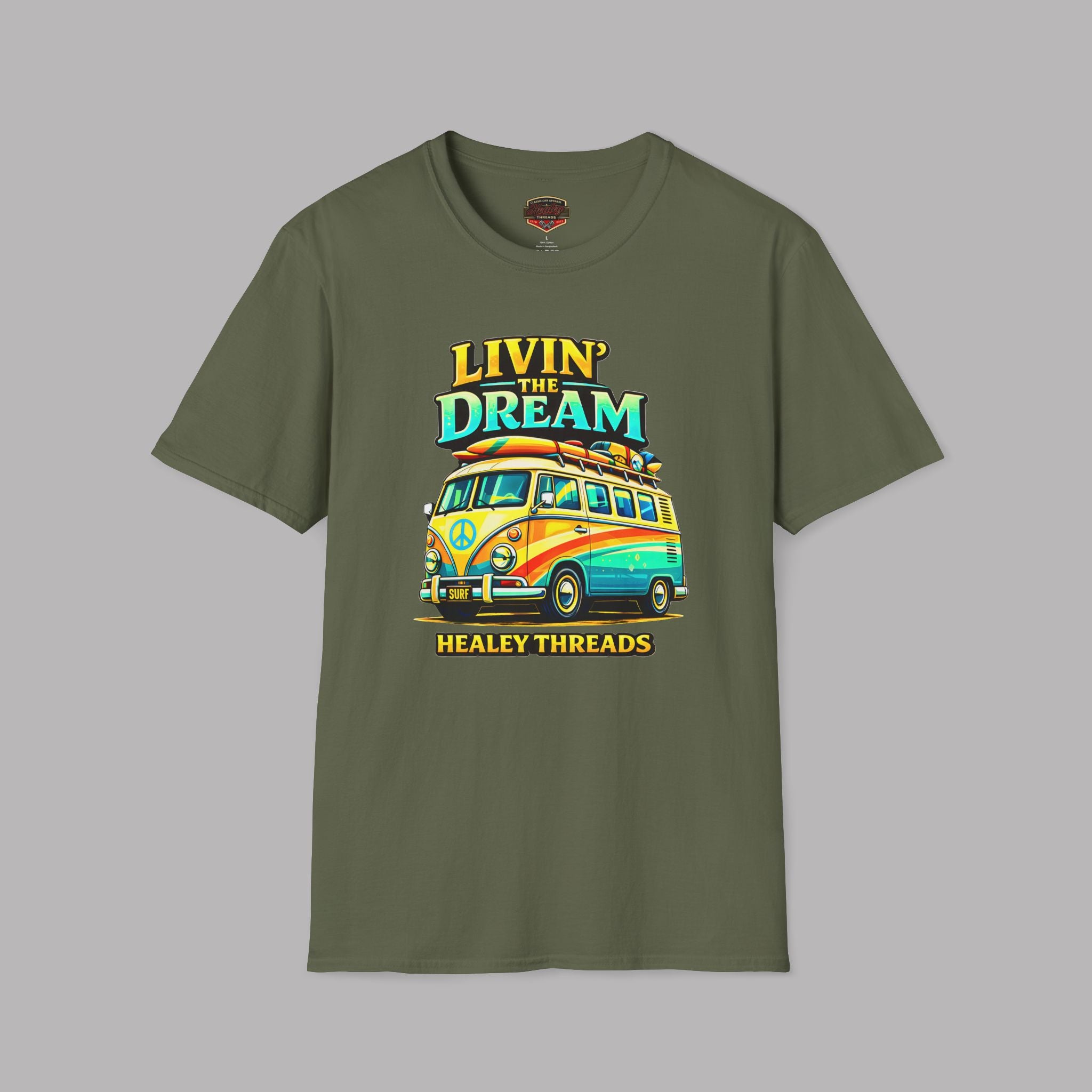 Military green t-shirt with a colorful van graphic and text on a gray background