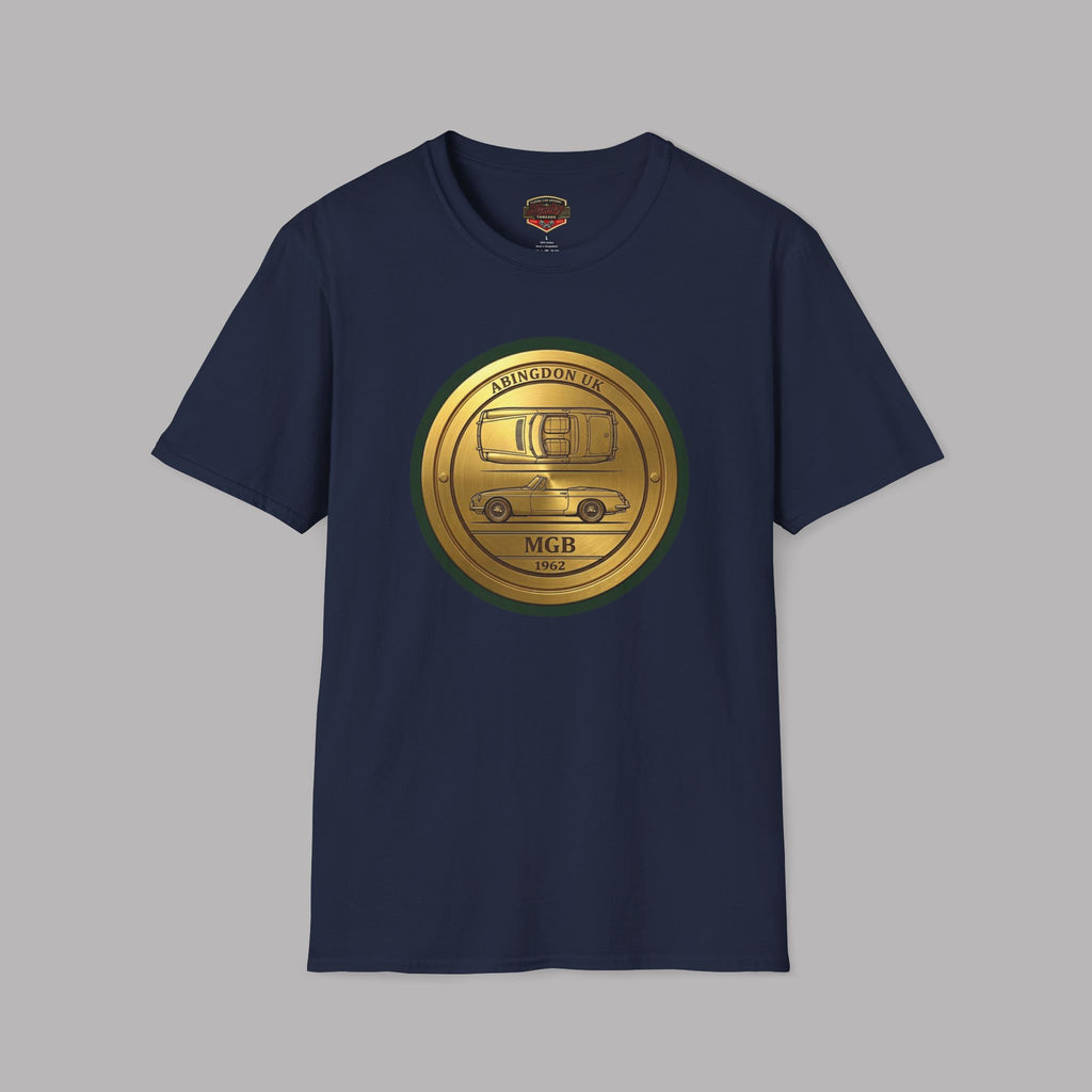 Navy blue t-shirt with a gold circular classic car logo on a gray background