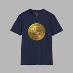 Navy blue t-shirt with a gold circular classic car logo on a gray background