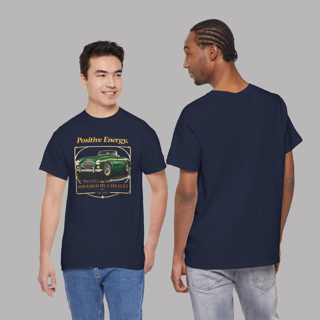 Navy blue t-shirt with a graphic design of a green classic car and text, worn by two models on a gray background.