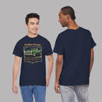 Navy blue t-shirt with a graphic design of a green classic car and text, worn by two models on a gray background.