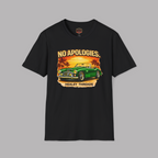 Black t-shirt with a graphic of a green classic car and 'No Apologies' text on a gray background