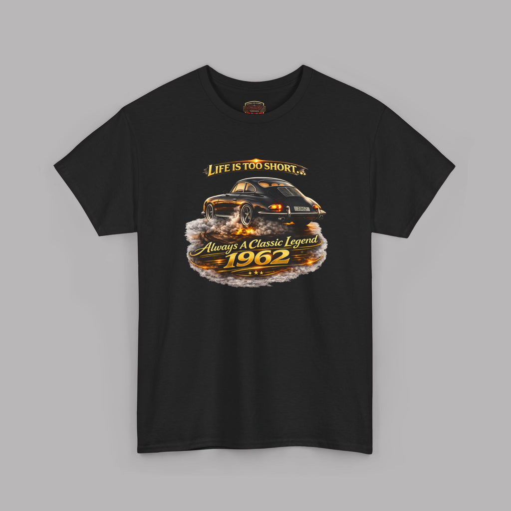 Black t-shirt with a classic car graphic and text on a gray background