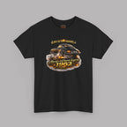 Black t-shirt with a classic car graphic and text on a gray background