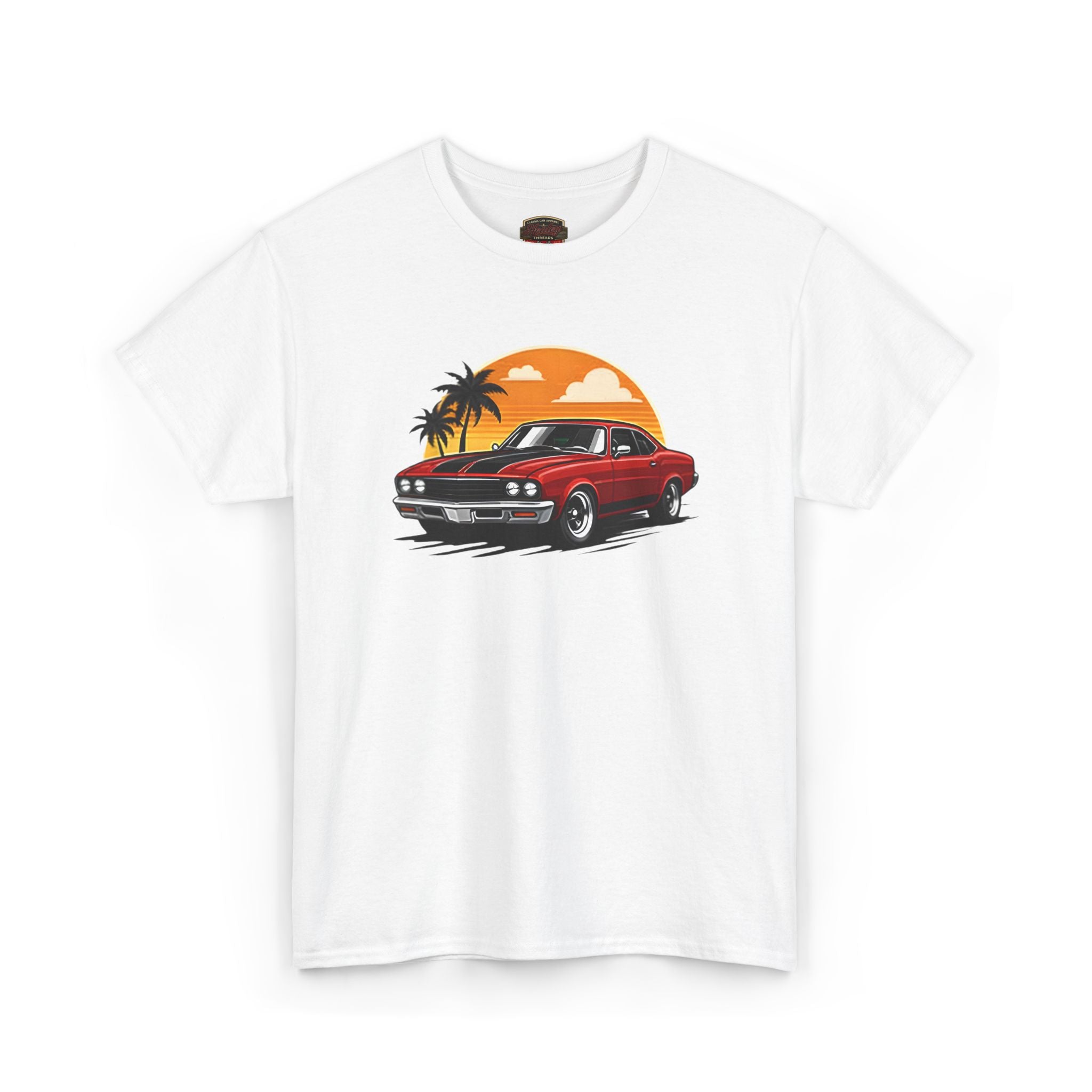 White t-shirt with a red car and sunset graphic on a white background