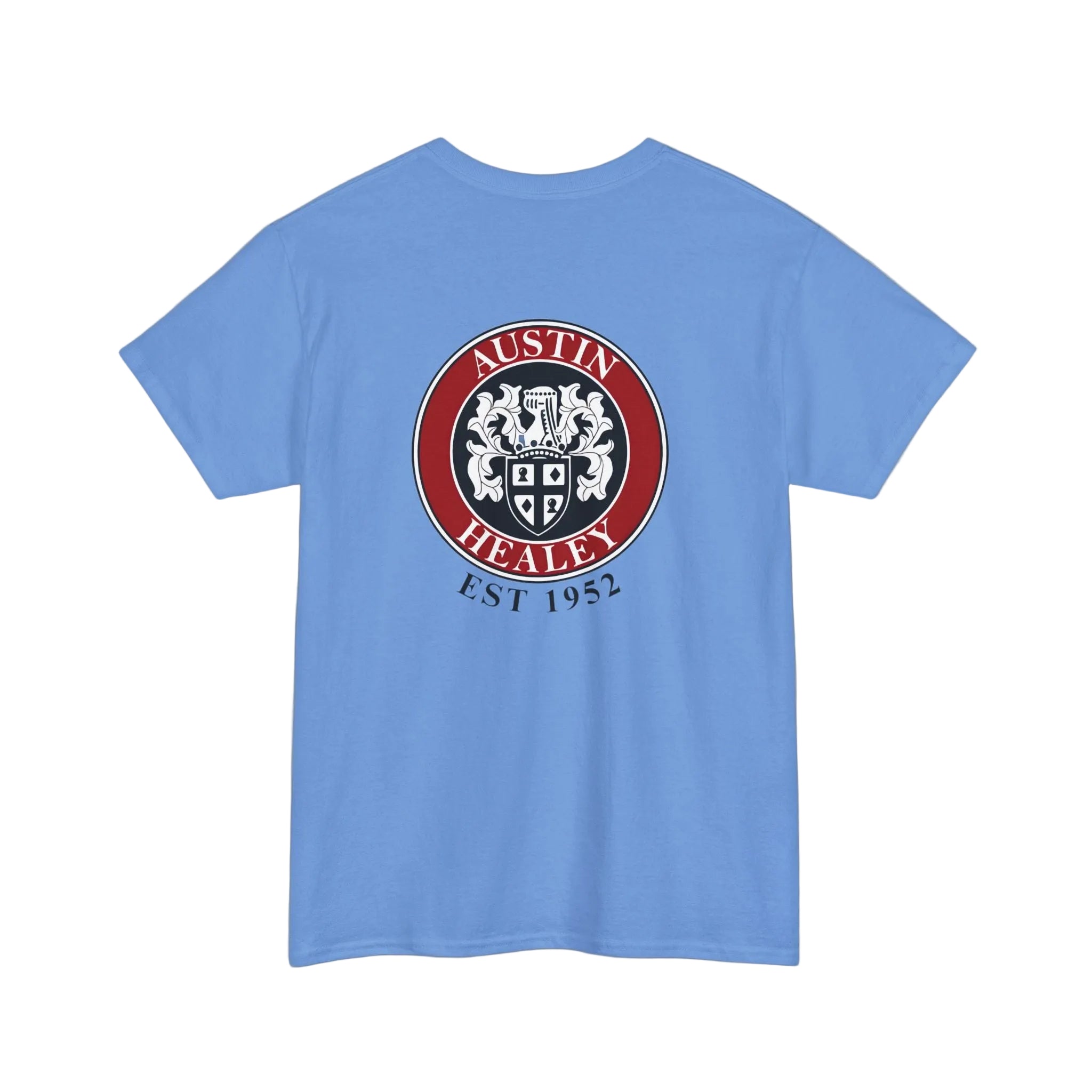 Blue t-shirt with Austin Healey logo on a white background