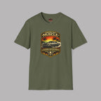 Military green t-shirt with a graphic design of a car and text on a gray background