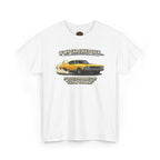 White t-shirt with a graphic of a yellow car and humorous text on a white background
