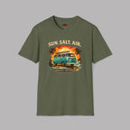 Military green t-shirt with 'Sun Salt Air' graphic van design on a gray background