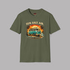 Military green t-shirt with 'Sun Salt Air' graphic retro van design on a gray background