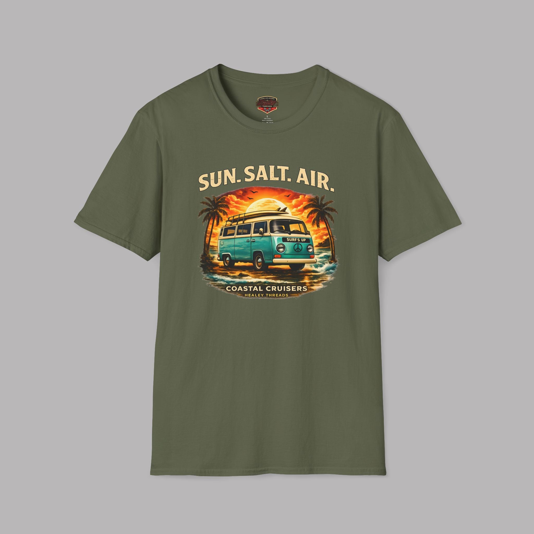 Military green t-shirt with 'Sun Salt Air' graphic retro van design on a gray background