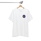 Front view of a white t-shirt with a small logo on a hanger against a white background