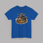 Royal blue t-shirt with a graphic of a classic car and text on a gray background