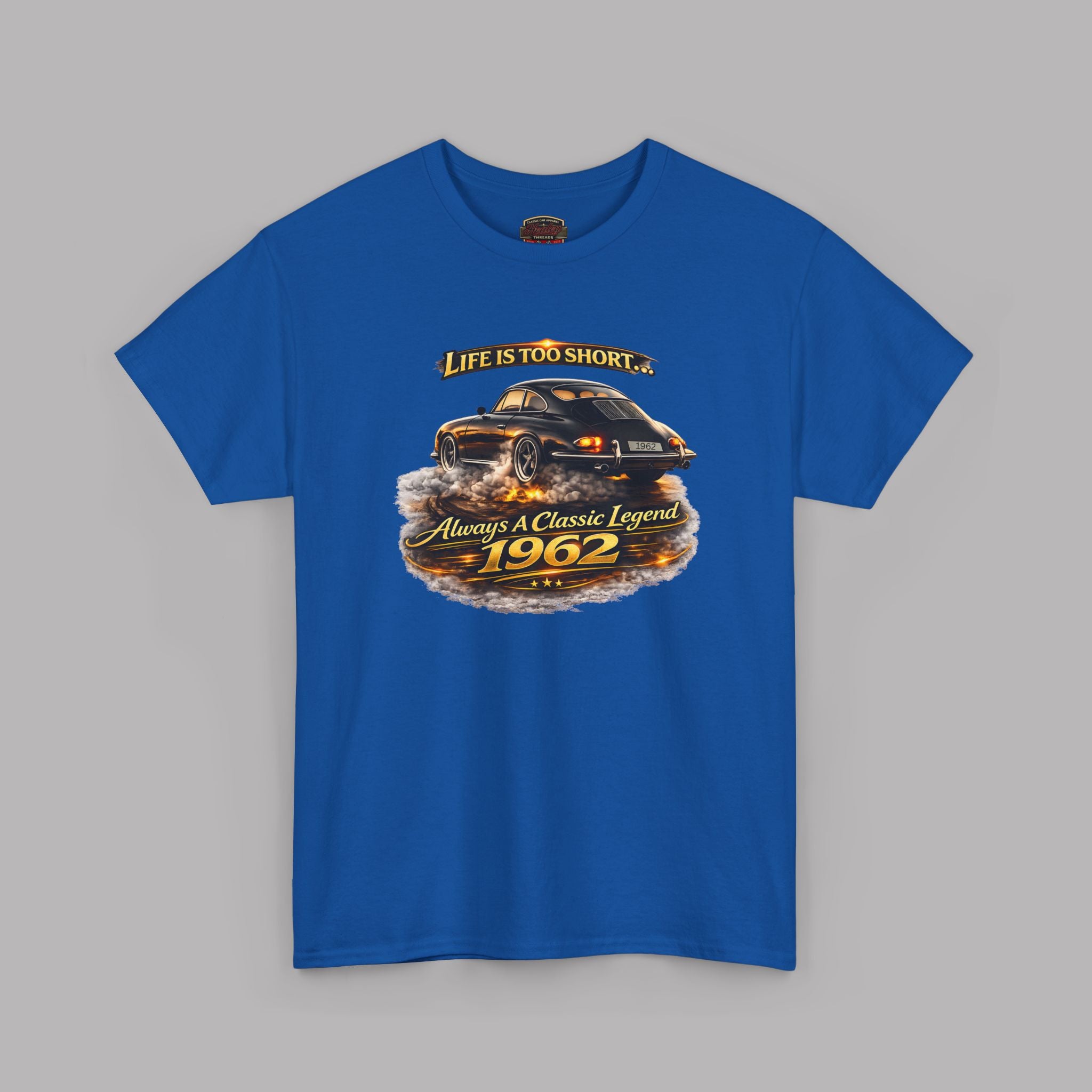 Royal blue t-shirt with a graphic of a classic car and text on a gray background