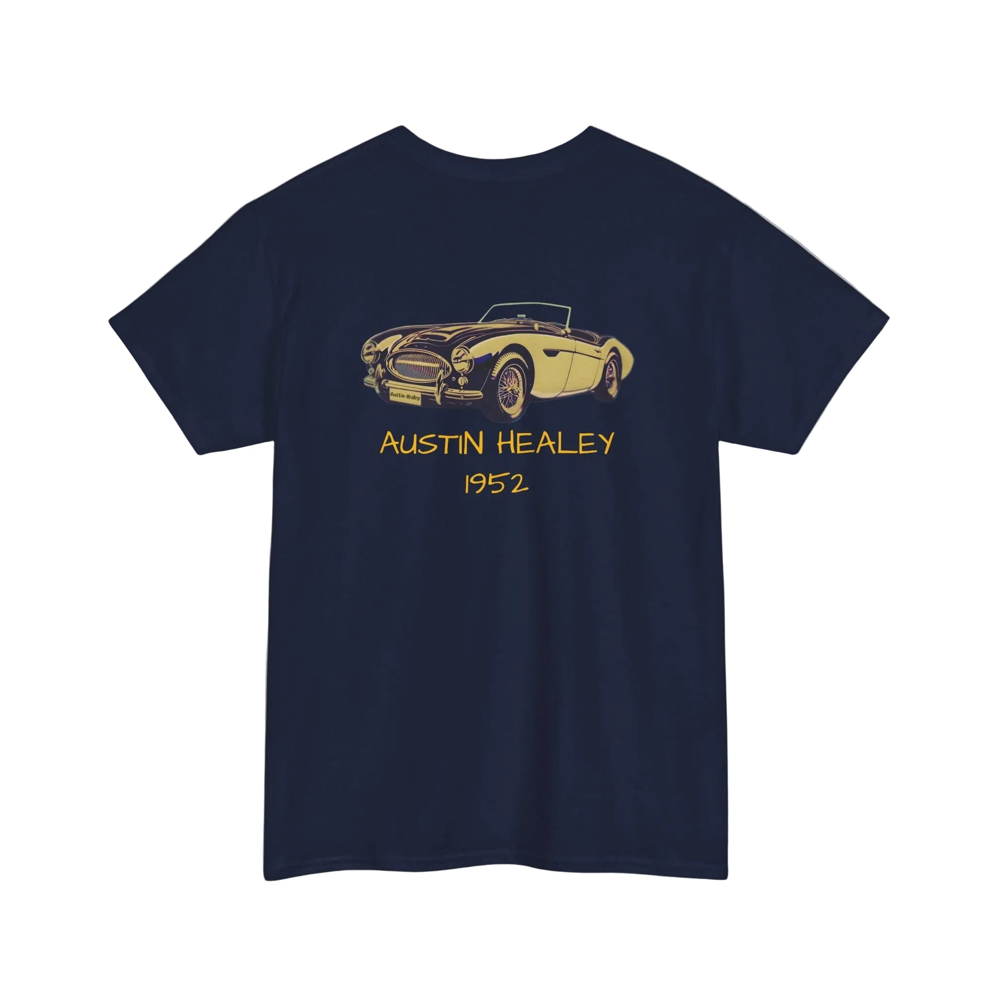 Back view of a navy blue t-shirt with yellow Austin Healey 1952 graphic on a white background