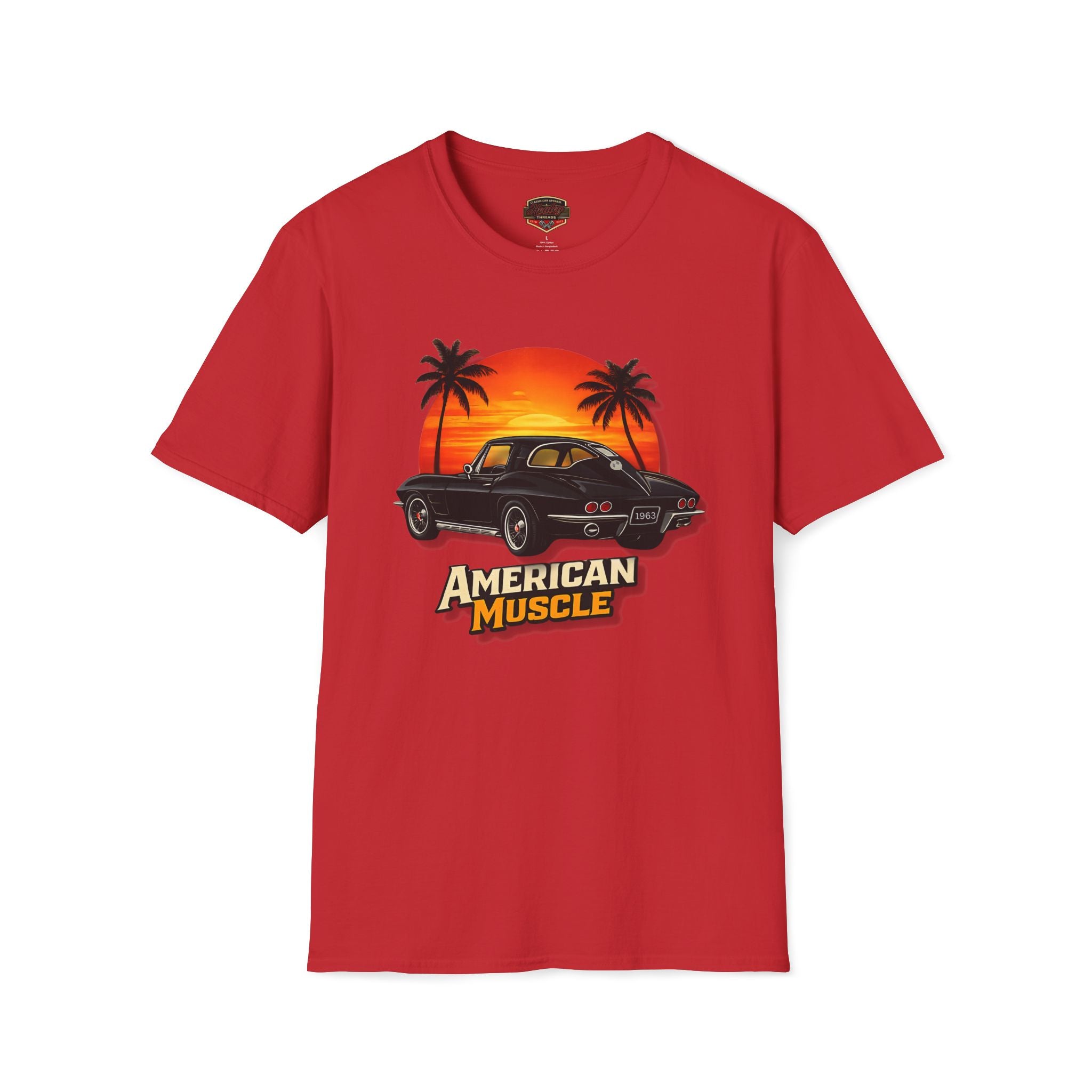 Red t-shirt with 'American Muscle' graphic design featuring a car and palm trees on a white background.