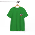 Green t-shirt with a small Healey graphic on a hanger against a white background