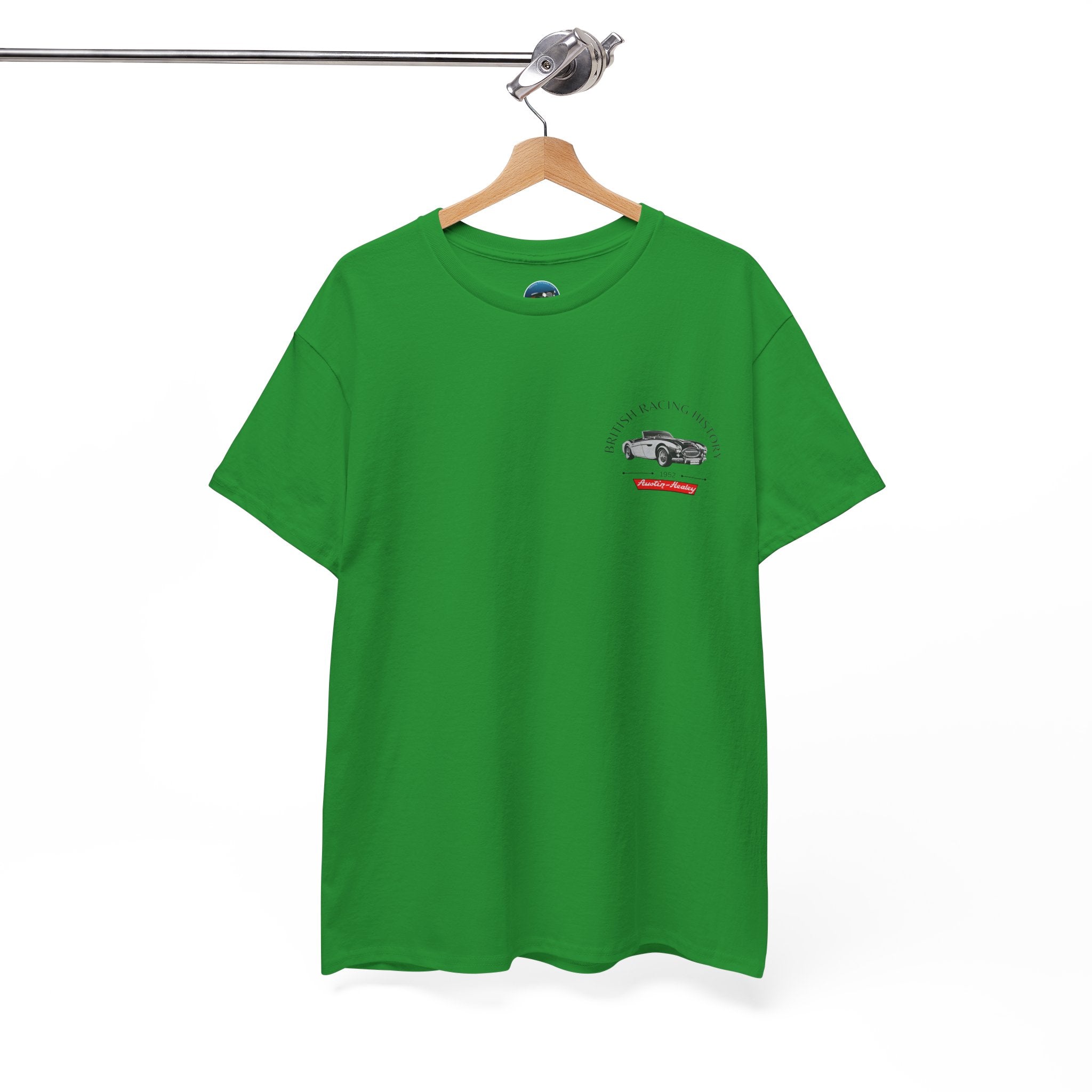Green t-shirt with a small Healey graphic on a hanger against a white background