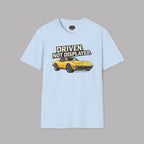 Light blue t-shirt with a yellow muscle car graphic and text on a gray background