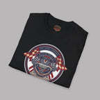 Folded black t-shirt with Austin Healey Sprite graphic on a gray background