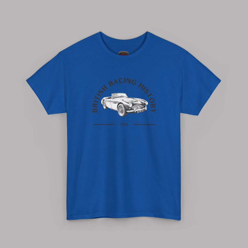 Royal blue t-shirt with a graphic of a vintage car and text on a gray background