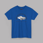 Royal blue t-shirt with a graphic of a vintage car and text on a gray background