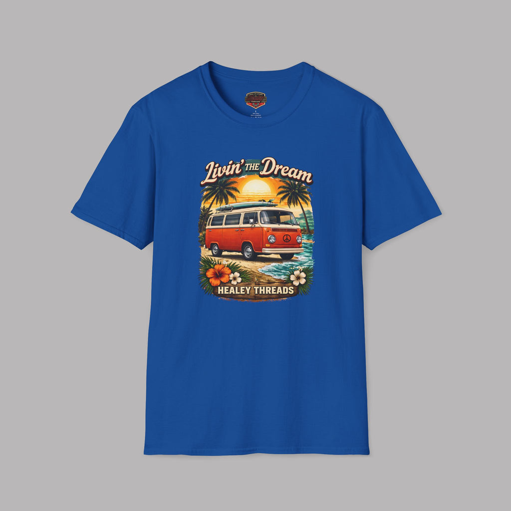 Royal blue t-shirt with a graphic of a van and palm trees on a gray background
