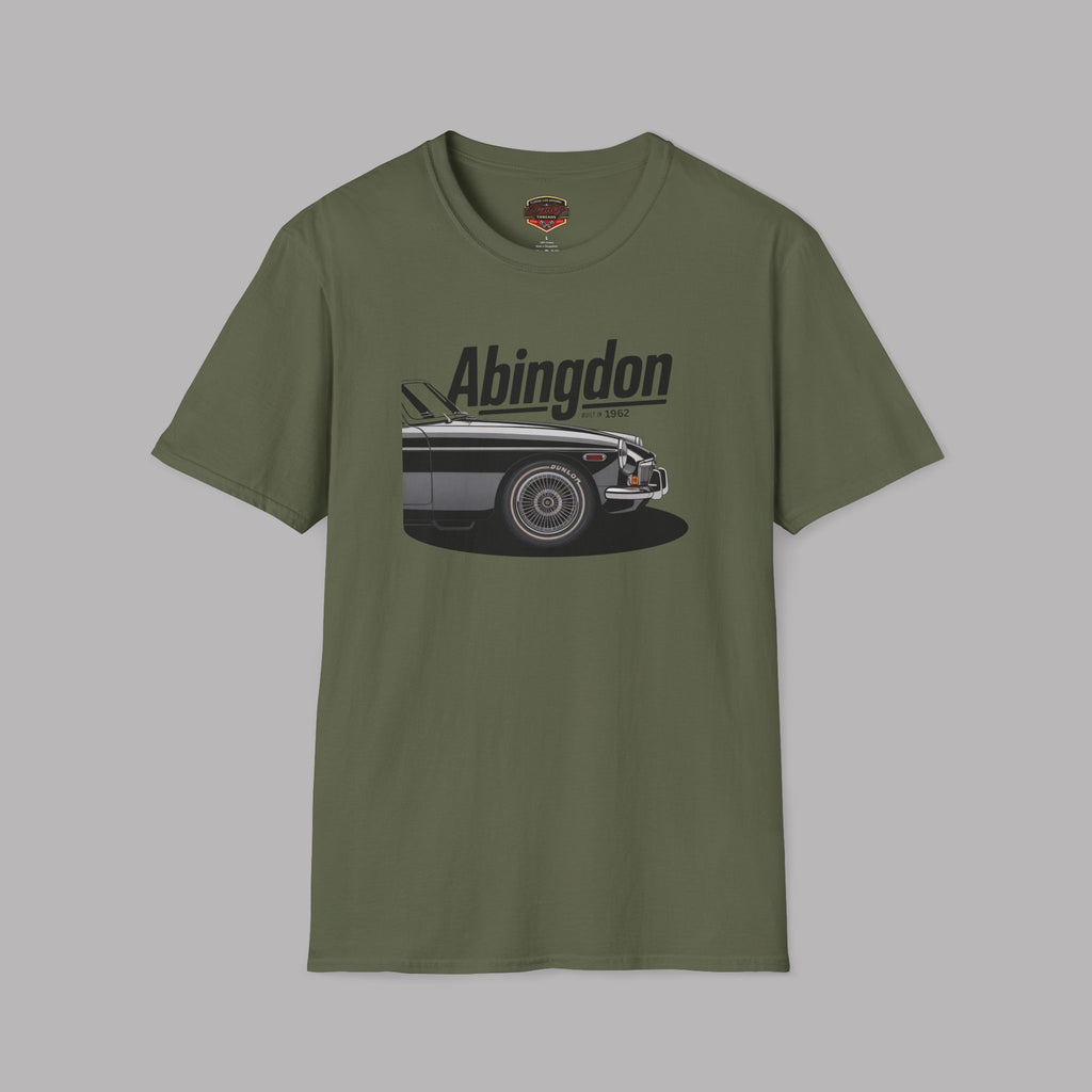 Military green t-shirt with classic car graphic and 'Abingdon' text on a gray background