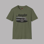 Military green t-shirt with classic car graphic and 'Abingdon' text on a gray background