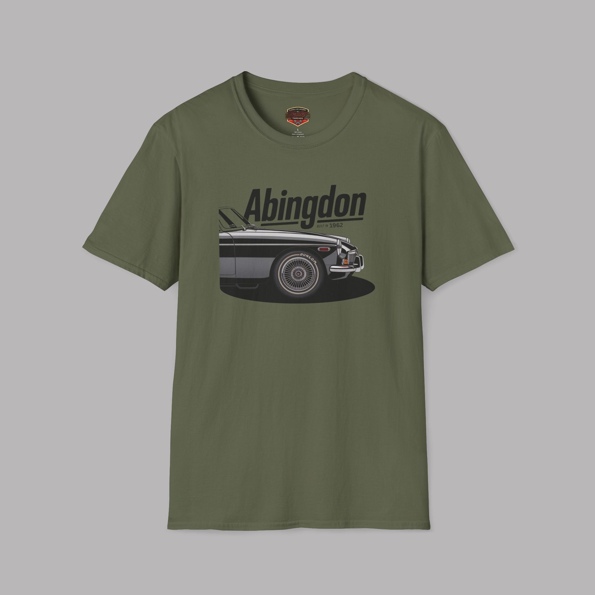 Military green t-shirt with classic car graphic and 'Abingdon' text on a gray background