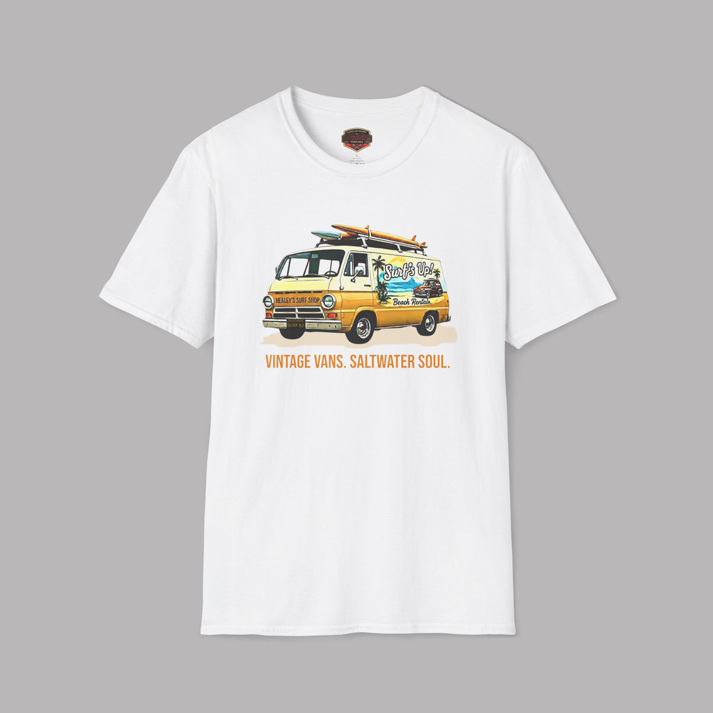 White t-shirt with a classic van and surfboard graphic on a gray background