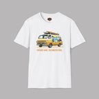White t-shirt with a classic van and surfboard graphic on a gray background