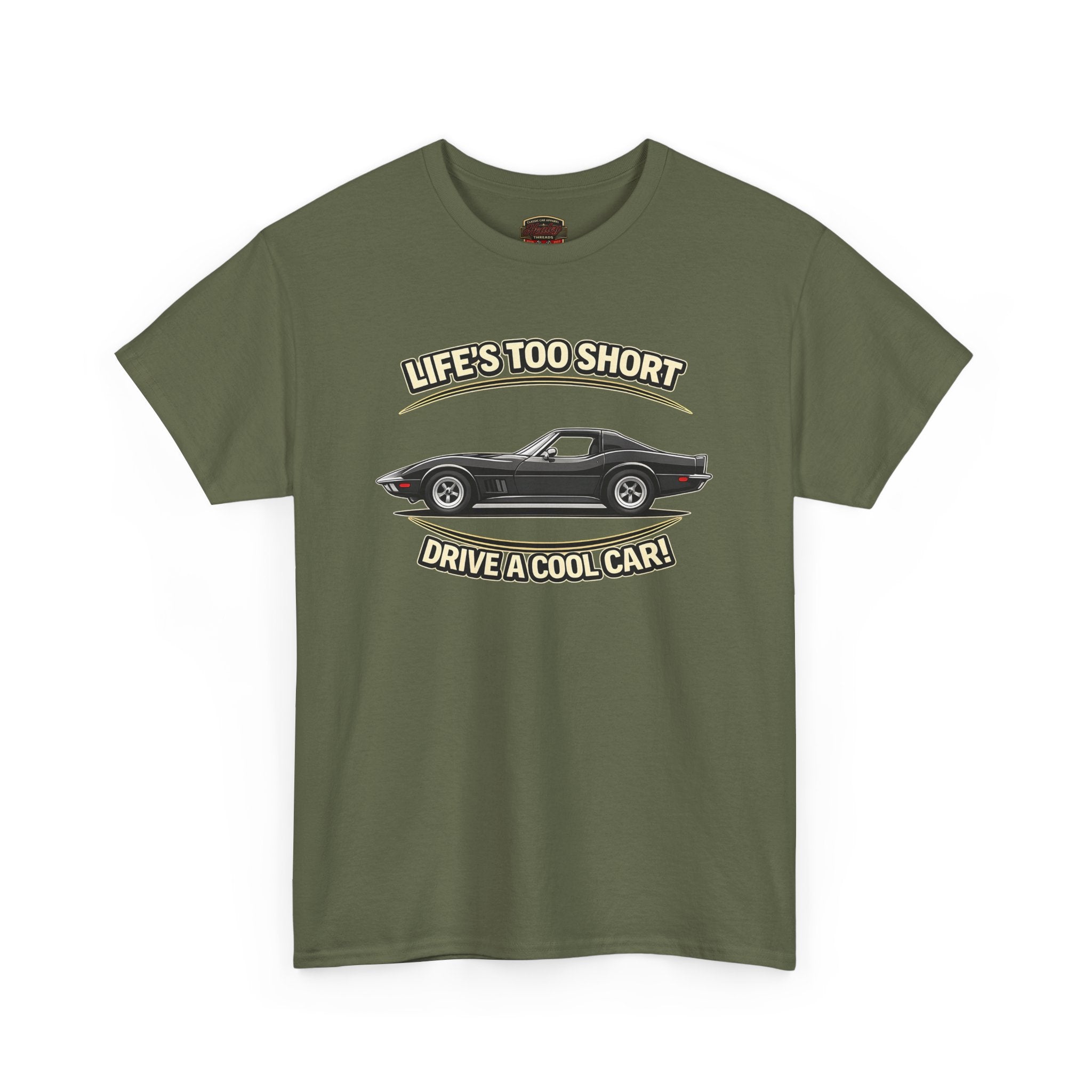 Green t-shirt with vintage vette graphic and text on a white background